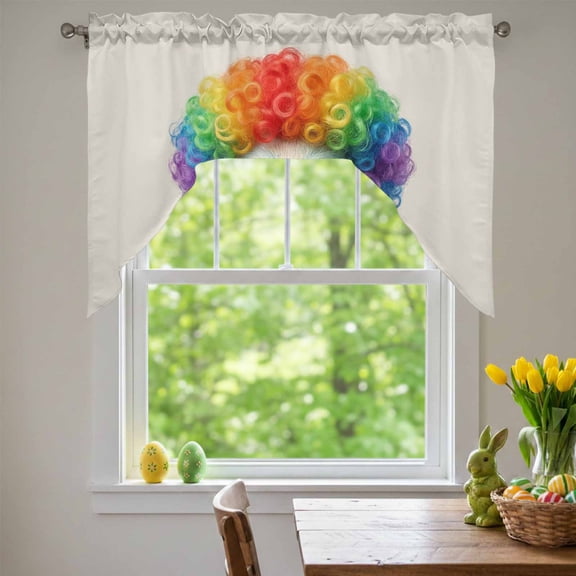 Afro Wig Pig Swag Valances for Kitchen Window, Abstract Funny Rainbow Wig Pig Linen Texture Small Swag Valances Rod Pocket Curtain Drapes Window Treatment for Bedroom Bathroom, 56x36 Inch