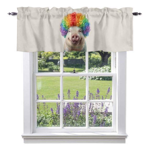 Afro Wig Pig Valance Curtain for Windows Abstract Funny Rainbow Wig Pig Linen Texture Rod Pocket Curtain Valances Short Window Treatments Panels for Kitchen Bathroom Laundry Basement 42 x 18 Inch
