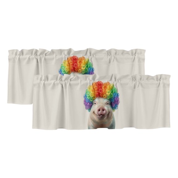 Afro Wig Pig Valances for Window 2 Pack, Abstract Funny Rainbow Wig Pig Linen Texture Rod Pocket Curtains Valances Light Filtering Short Curtains for Kitchen Bedroom Bathroom 42 x 12 Inch