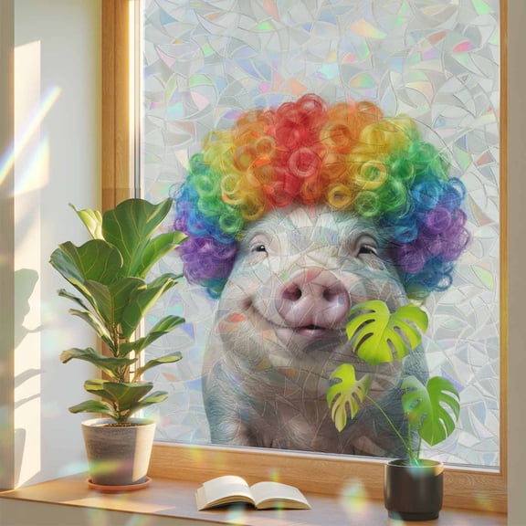 Afro Wig Pig Window Privacy Film, Abstract Funny Rainbow Wig Pig Linen Texture Stained Glass Rainbow Film Decorative Window Clings, Static Cling Sun Blocking Stickers 17.7" x 39.3"