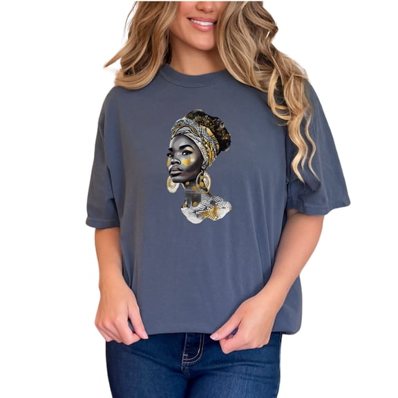 Afrocentric Art Graphic Tee, Stylish Black Woman Illustration Shirt, Unique Urban Fashion T-Shirt, Trendy Headwrap Design, Bold Statement, Denim Comfort Colors T-Shirt, Medium