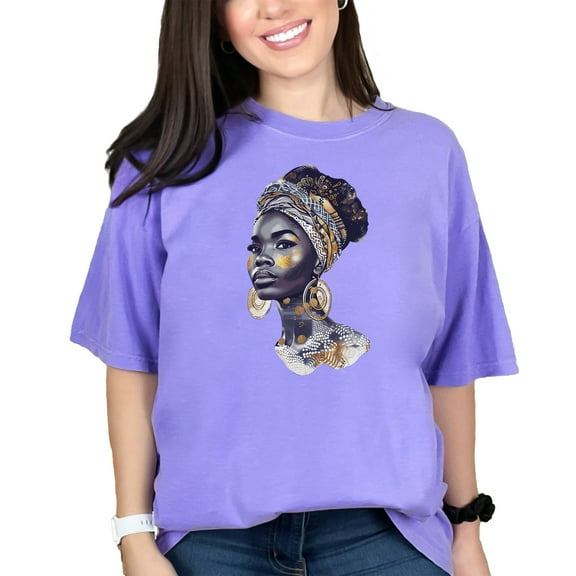 Afrocentric Art Graphic Tee, Stylish Black Woman Illustration Shirt, Unique Urban Fashion T-Shirt, Trendy Headwrap Design, Bold Statement, Violet Comfort Colors T-Shirt, Large