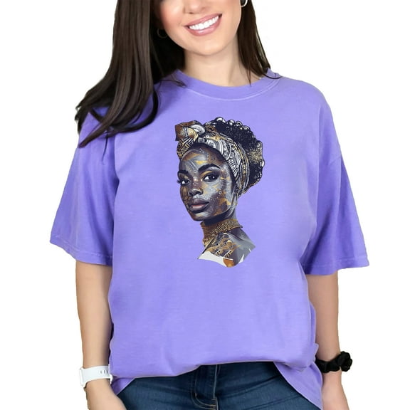 Afrocentric Art T-Shirt, African Woman Graphic Tee, Cultural Fashion Print, Ethnic Style Shirt, Unique Design, Art Lovers Gift, Violet Comfort Colors T-Shirt, Small