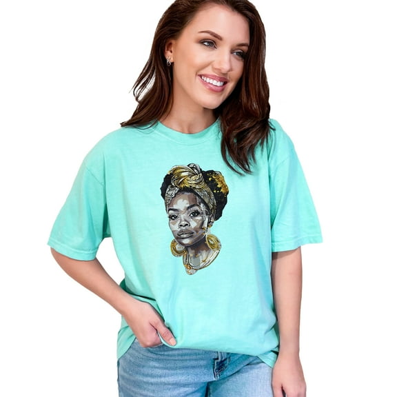 Afrocentric Art T-Shirt, Tribal Woman Graphic Tee, African Queen Portrait T-Shirt, Unique Headwrap Artwork T-Shirt, Boho Style Top, Chalky Mint Comfort Colors T-Shirt, XL