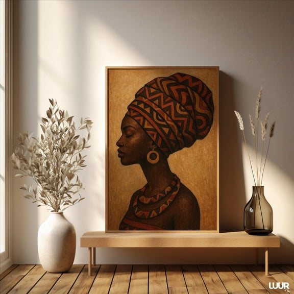Afrocentric Boho African Woman Headwrap Wall Art, Unframed Canvas Size 16x24