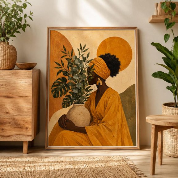 Afrocentric Botanical Portrait Print Figurative Art Modern Boho Wall Timeless Home Decor