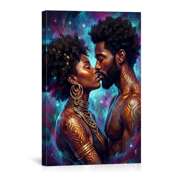 Afrocentric Couple Kissing Romantic Black Love African American Art Ethnic Home Canvas