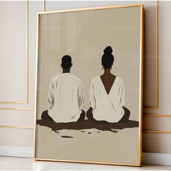 Afrocentric Couple Prayer Print Black Love Minimalist Spiritual Art, Stretched Canvas 8x10in
