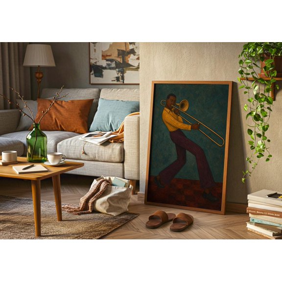 Afrocentric Jazz Trombone Player Wall Art Print Mid Century Retro Portrait decor