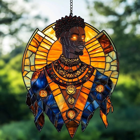 Afrocentric Sun God Acrylic Suncatcher, Faux Stained Glass Regal Portrait Window Hanging, Celestial Decor Gift For Him