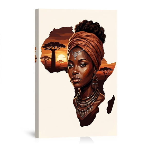 Afrocentric Woman African Sunset Baobab Tree Ethnic Portrait Africa Map Art Canvas