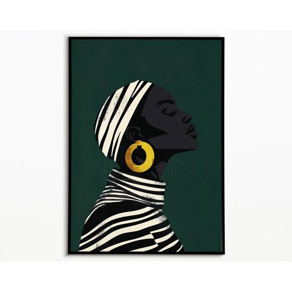 Afrocentric Woman Art Print Black Art Green Tone, Stretched Canvas 8x10in