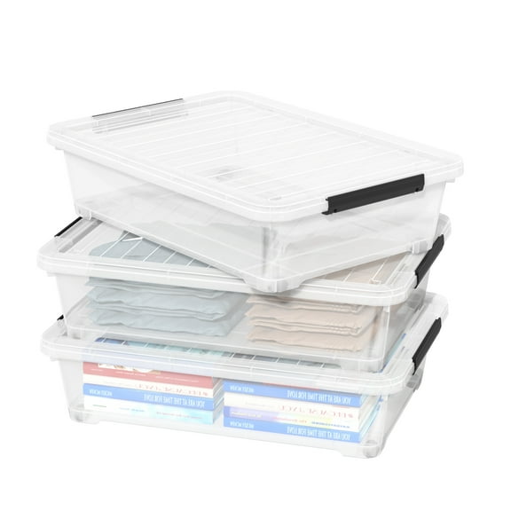 Afromy 3 Pack 20 Qt Wheeled Latching Storage Box, Stackable Underbed Bin with Latch Lid, Clear