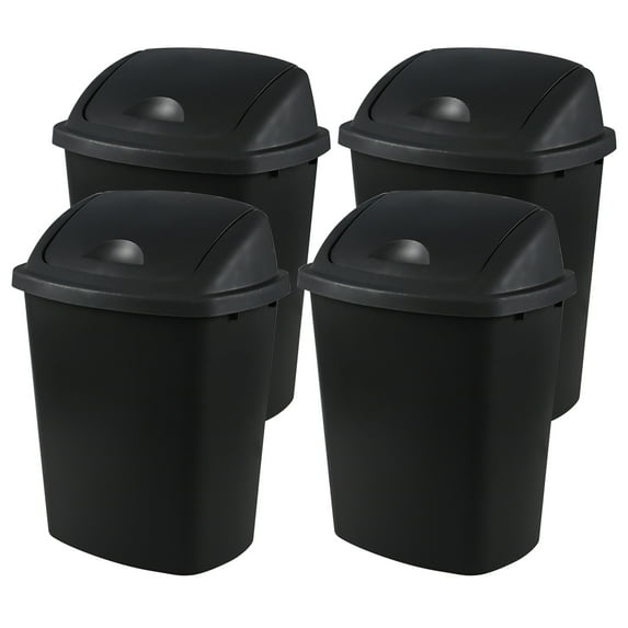 4 Pack Plastic Commercial Trash Can Wastebasket, Garbage Container Bin with Swing Top Lid, 6.6 Gallon/25 Liter