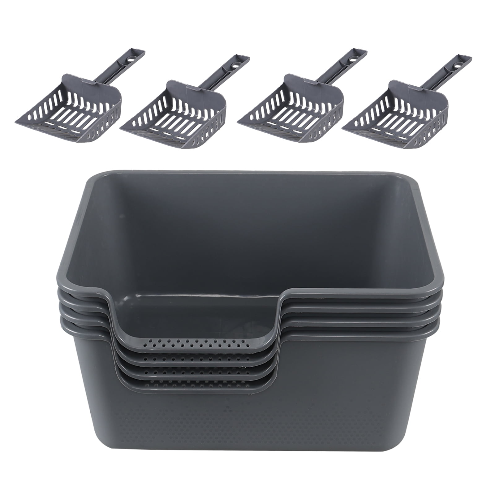Afromy 4-Pack Plastic High Wall Cat Litter Box with Scoop, Open Air Kitty Litter Pan,  Gray
