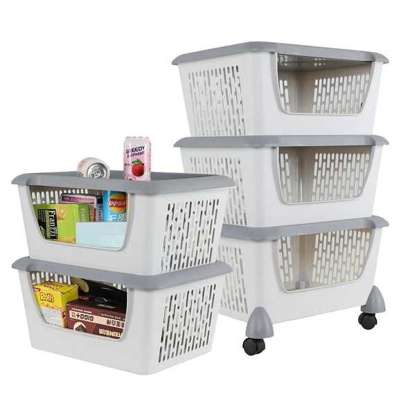 Afromy 5 Tier Open Front Storage Bins with Wheels, Plastic Stackable Storage Organizer Basket for Kitchen