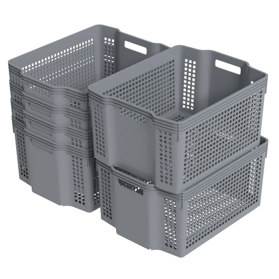 Afromy Large Plastic Stackable Basket Bins, Stackable Plastic Storage Baskets for Pantry, 6 Pack, Gray