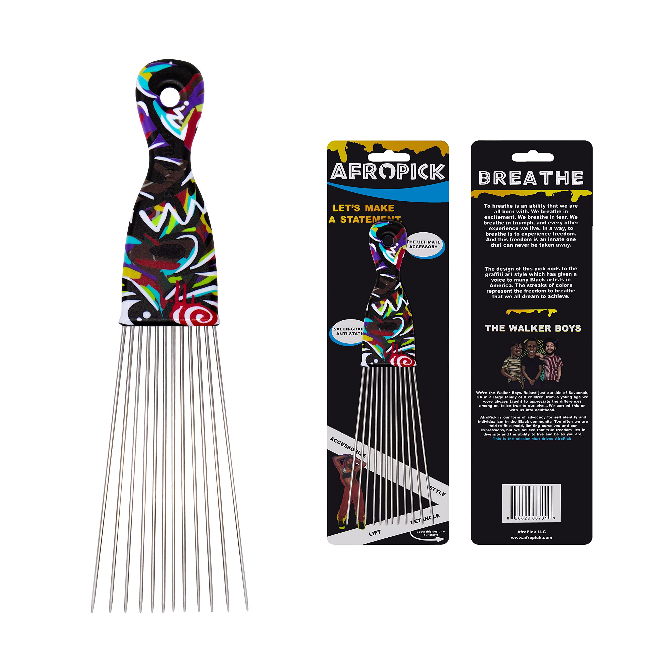Afropick Metal Black Hair Pick for Natural Curly Long Thick Hair- Afro Pick Comb for Men, Women- African Artist Designs IMPROVED 2.0 (Breathe)