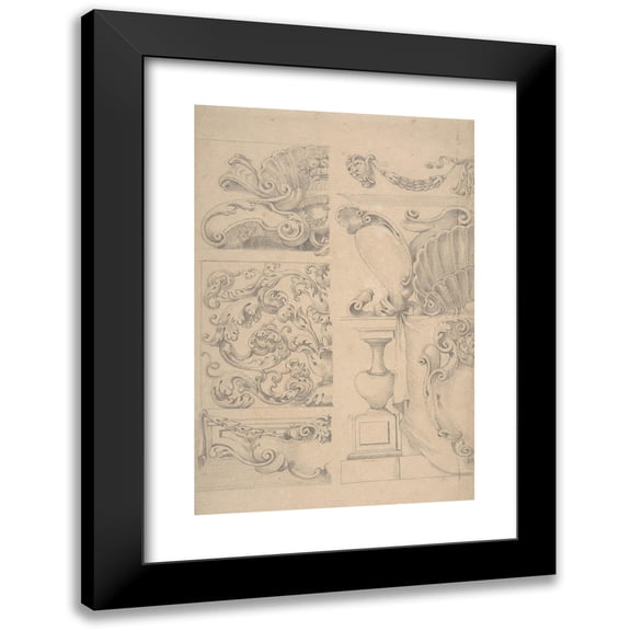After Agostino Mitelli 11x14 Black Modern Framed Museum Art Print Titled - Design for Cartouches Decorated with Sea-Shells, Garlands, Foliage, Volutes and Urns (1609-60)