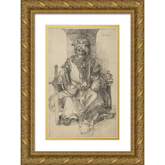 After Albrecht Dürer 11x14 Gold Ornate Wood Frame and Double Matted Museum Art Print Titled - An Oriental Ruler Seated on His Throne (1523)