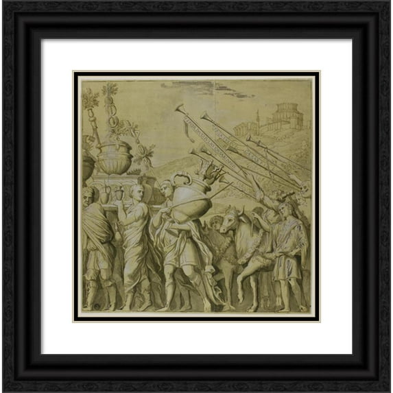 After Andrea Mantegna 20x20 Black Ornate Framed Double Matted Museum Art Print Titled: Triumphs of Julius Caesar;Canvas No. IV (18th Century)