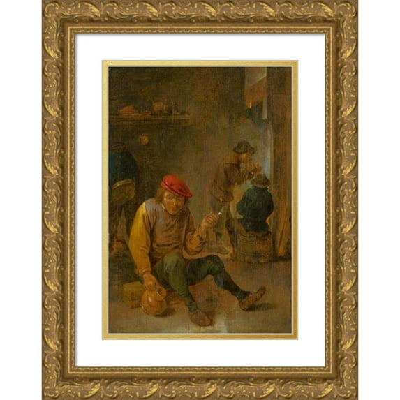 After David Teniers 18x24 Gold Ornate Framed and Double Matted Museum Art Print Titled - Smoking Peasants (Pipe Smokers) (1650-1700)
