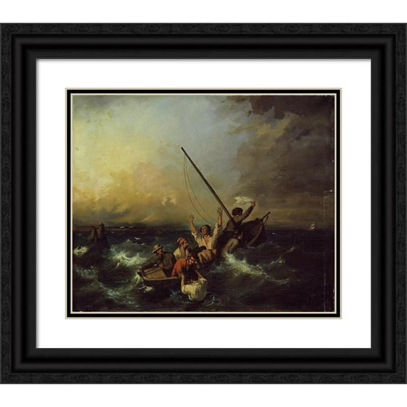 After Eugène Isabey 17x15 Black Ornate Wood Framed Double Matted Museum Art Print Titled - Shipwreck (19th Century)