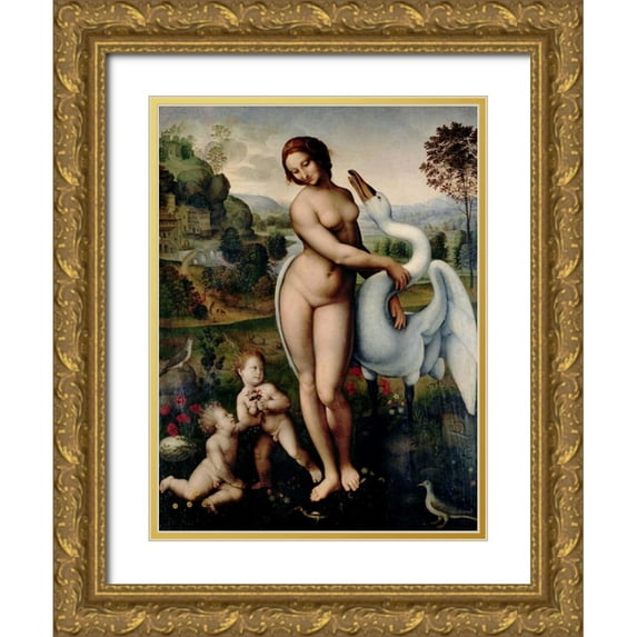 After Leonardo Da Vinci 25x32 Gold Ornate Wood Framed with Double Matting Museum Art Print Titled - Leda and the Swan