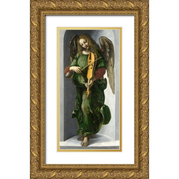 After Leonardo da Vinci 14x24 Gold Ornate Wood Framed with Double Matting Museum Art Print Titled - An Angel in Green with a Vielle