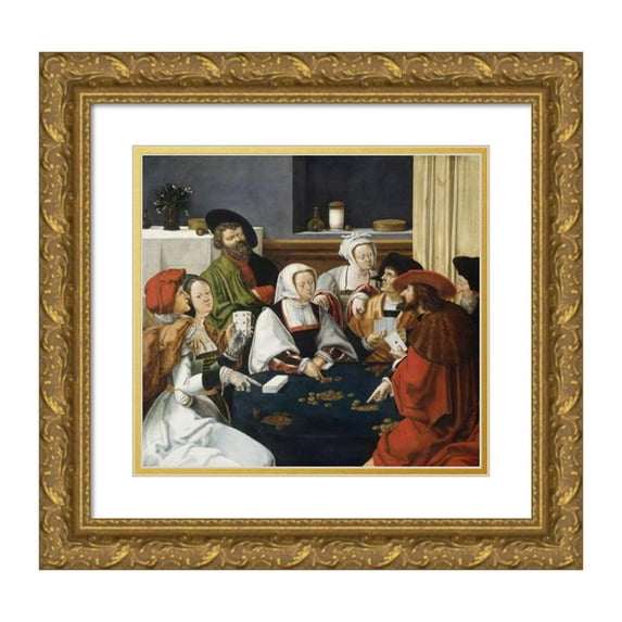 After Lucas van Leyden 22x20 Gold Ornate Framed and Double Matted Museum Art Print Titled - The Card Players (Probably C. 1550-1599)