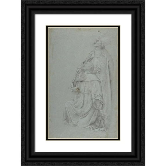 After Moretto da Brescia 11x14 Black Ornate Wood Framed Double Matted Museum Art Print Titled: Kneeling St. Francis and St. Nicholas of Bari (1498-1554)