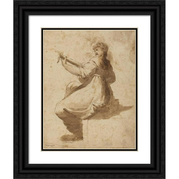 After Orazio Gentileschi 12x14 Black Ornate Wood Framed Double Matted Museum Art Print Titled: The Lute Player (18th Century)