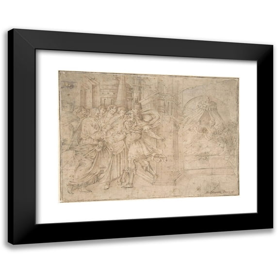 After Perino del Vaga 24x19 Black Modern Framed Museum Art Print Titled - Christ and the Daughter of the Centurion (16th Century)