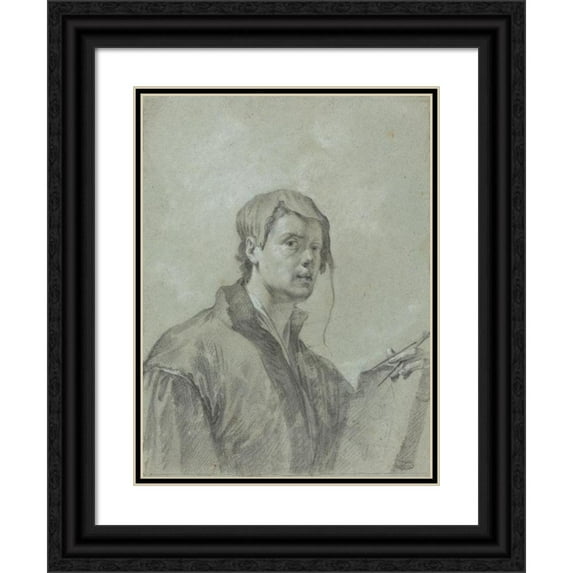 After Willem Drost 12x14 Black Ornate Wood Framed Double Matted Museum Art Print Titled: An Artist Holding a Book and Compass