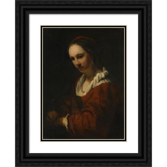 After Willem Drost 19x24 Black Ornate Framed Double Matted Museum Art Print Titled: Young Woman with a Pearl Necklace