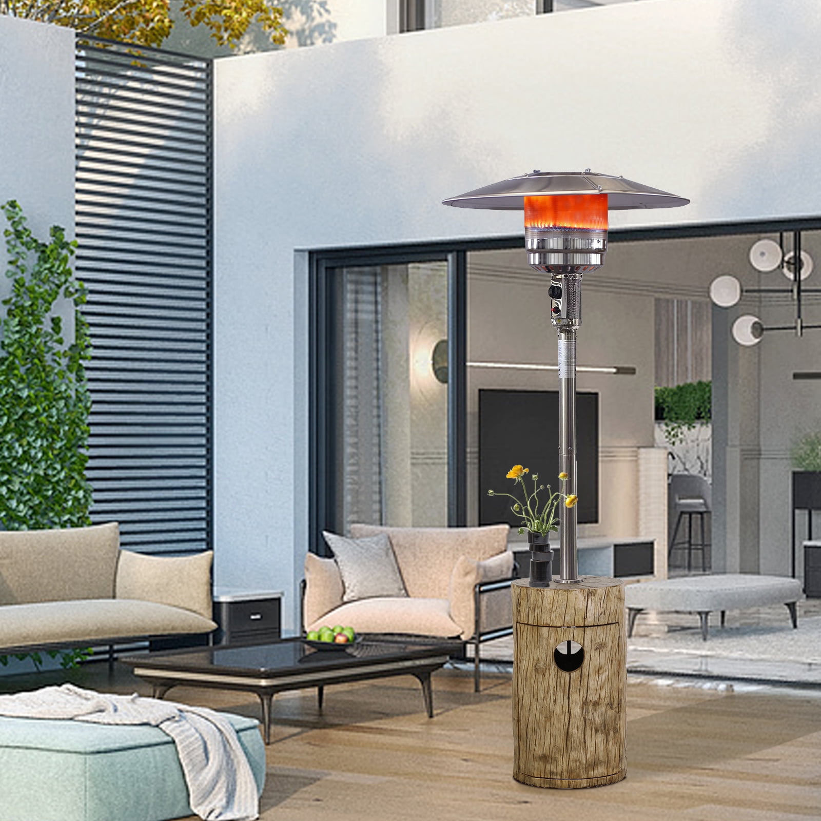 Afterglow 48 000 BTU Terrafab Base Patio Heater Internal Gas Tank Faux Wood Grain Effect Base Light Yellow