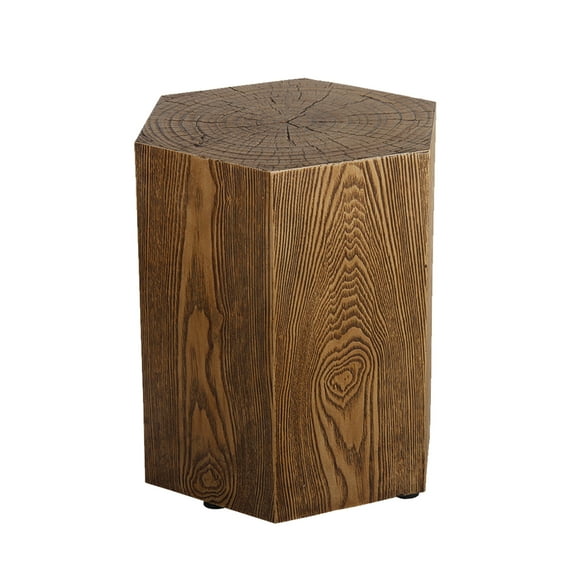 Afterglow Polygon Wood Look Accent Table, Stool, Wood Stump, Brown Hexagonal Outdoor Side Table