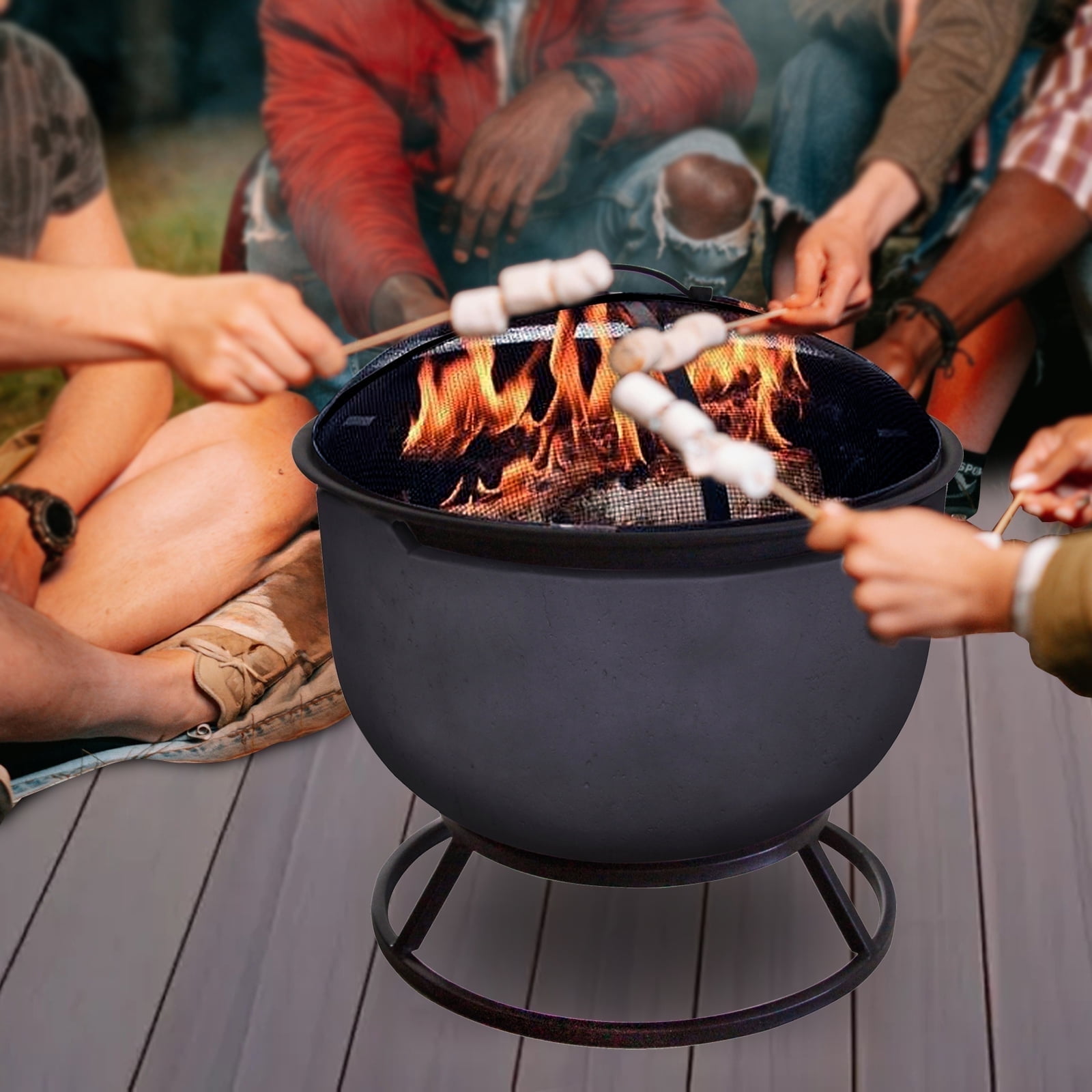 Afterglow Round Terrafab Outdoor Wood Burning Fire Pit with Safe Spark Screen and Height Increase Frame Stand, Dark Gray