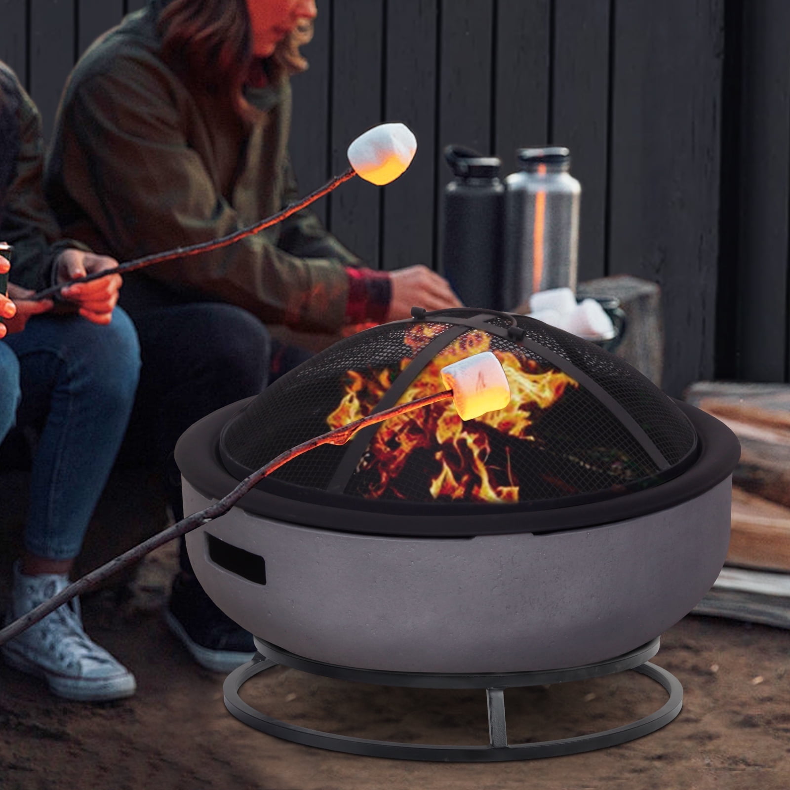Afterglow Round Terrafab Wood Burning Fire Pit with Safe Spark Screen and Poker, Light Gray