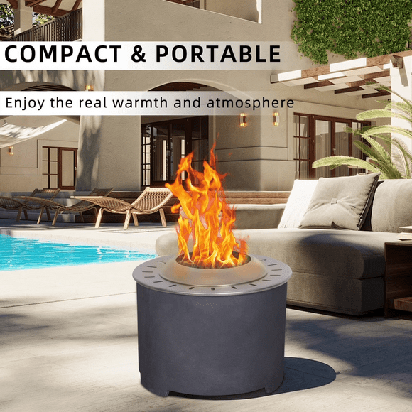 Afterglow Smokeless Fire Pit, 20.5" Round Wood Burning Stainless Steel Top & TerraFab Base, Firepit with Weather Cover Perfect for Outdoor Patio Garden, Dark Grey