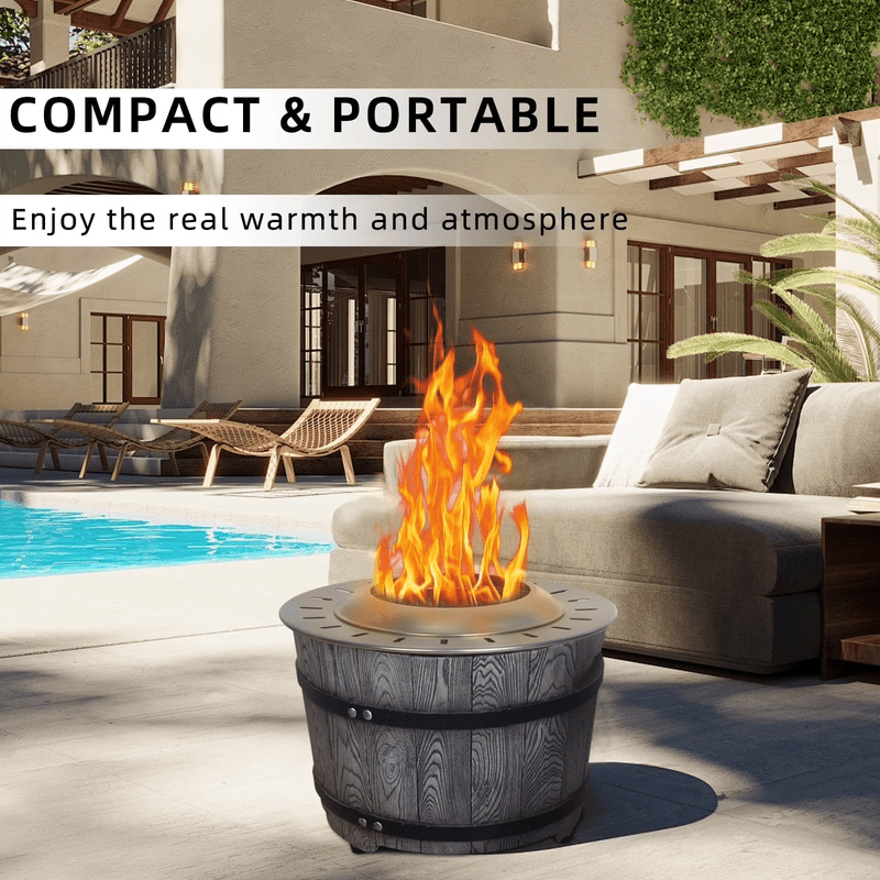Afterglow Smokeless Fire Pit, 20.5" Round Wood Burning Stainless Steel Top and TerraFab Material Base,Firepit with Weather Cover Perfect for Outdoor Patio Garden, Wood Grain Gray
