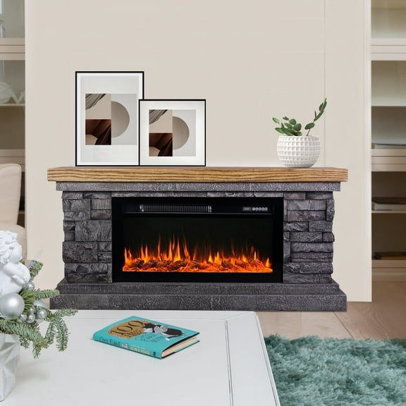 Afterglow Terrafab Indoor Smart Electric Fireplace, High Simulate Wood Shape Inside, 3-Level Adjustment Flame Brightness, Faux Stone Gray