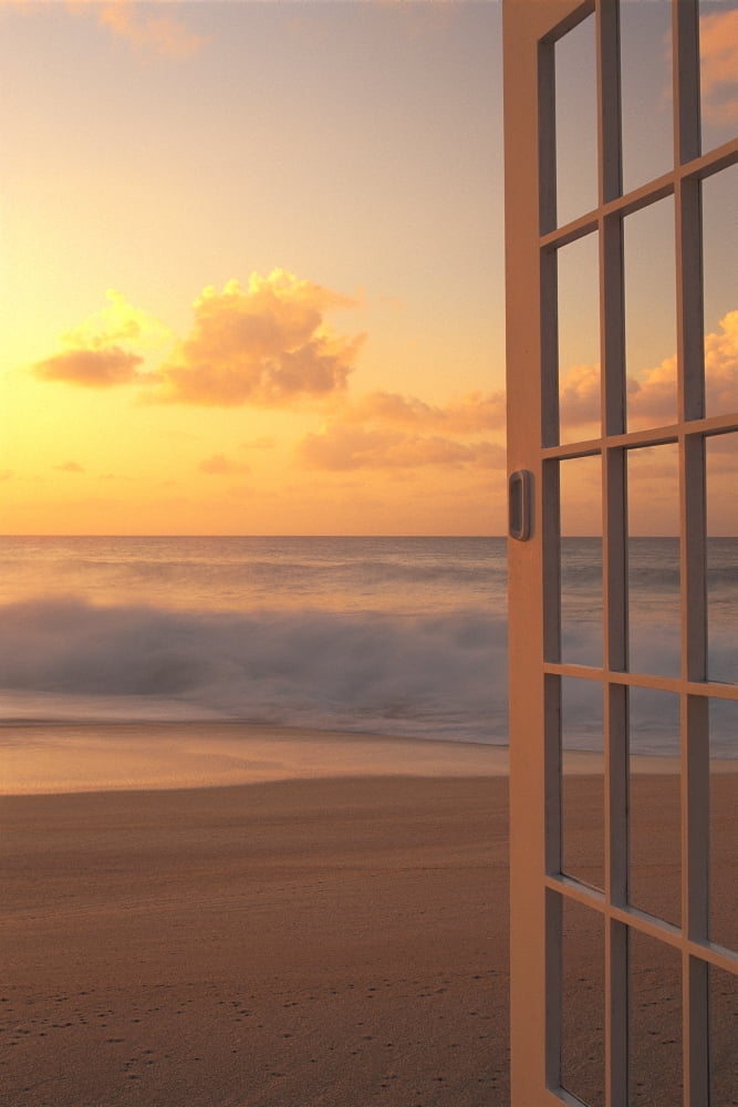 Afternoon Beach Scene Open Door Along Shoreline Golden Clouds Shore Break Waves Hues Canvas Art - Dana Edmunds Design Pics (12 x 19)