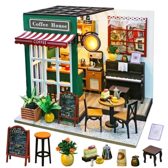 HONGDA Afternoon Coffee Shop Mini Wooden Puzzle Set DIY Doll House Lighting Building Model Adult Gift