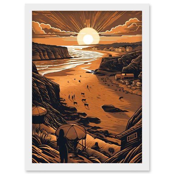 Afternoon Dog Walks Woolacombe Beach Illustration Artwork Framed Wall Art Print A4