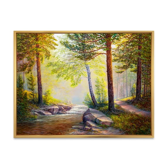 Afternoon Light Through The Forest Trees 32 in x 24 in Framed Painting Canvas Art Print, by Designart