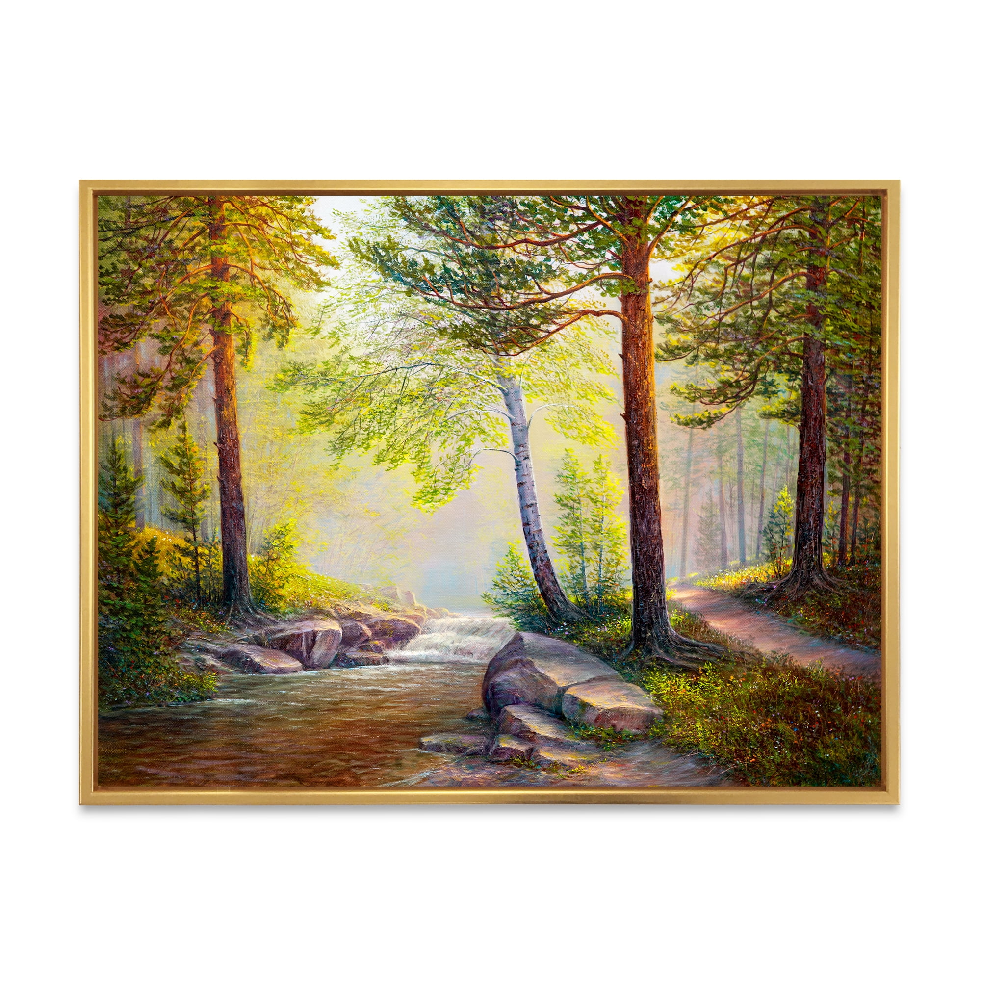Afternoon Light Through The Forest Trees 40 in x 30 in Framed Painting Canvas Art Print, by Designart