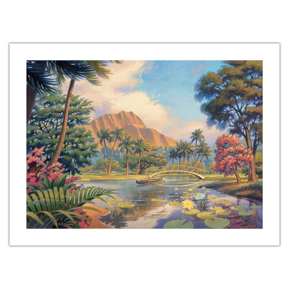 Afternoon Reflections - Kapiolani Park - Oahu Hawaii - Vintage Hawaiian Travel Poster by Kerne Erickson - Bamboo Fine Art 290gsm Paper (Unframed) 12x16in