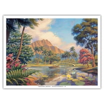 Afternoon Reflections - Kapiolani Park - Oahu Hawaii - Vintage Hawaiian Travel Poster by Kerne Erickson - Master Art Print (Unframed) 9in x 12in