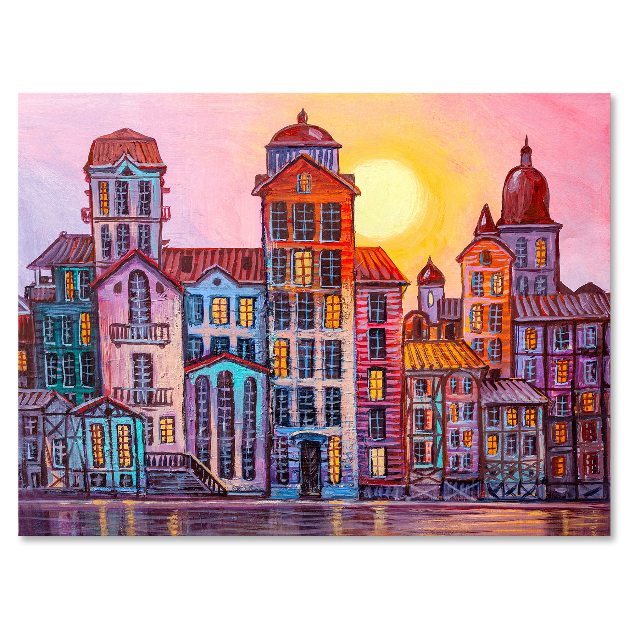 Afternoon Street Scene In Old Town With Colorful Buildings 32 in x 16 in Painting Canvas Art Print, by Designart